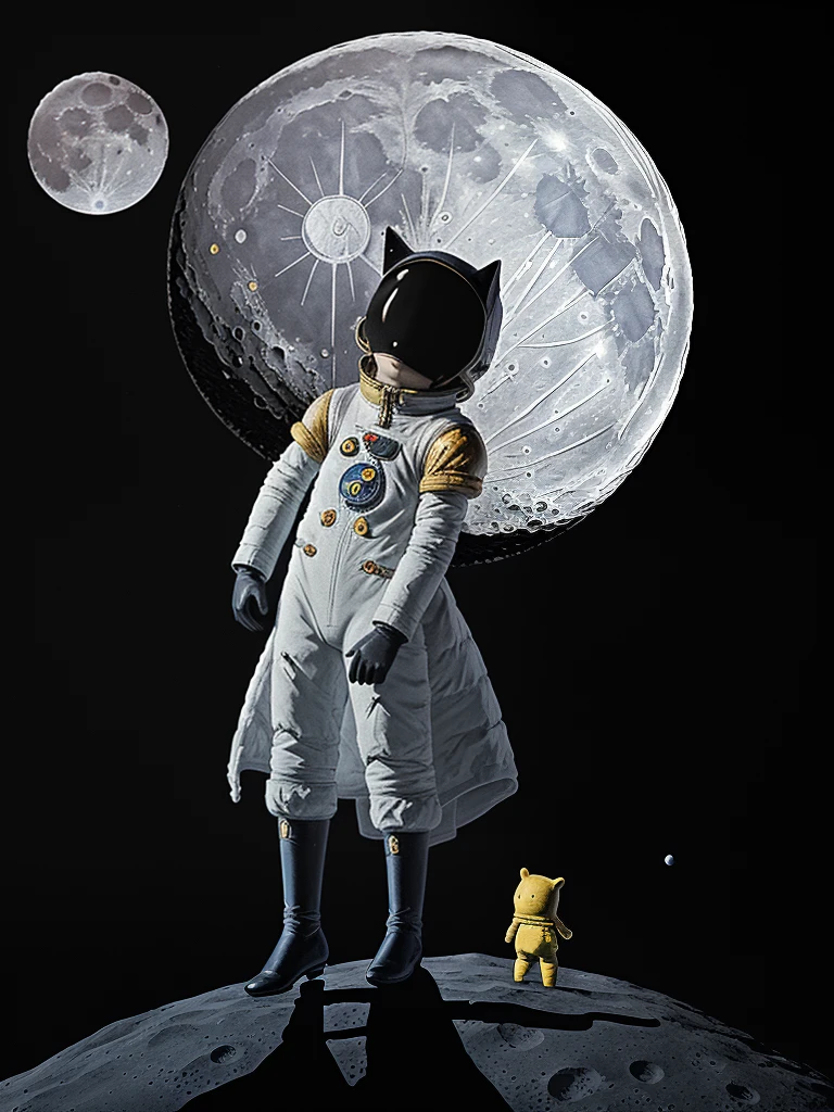 painted illustration of moon, ink, black background, Le Petit Prince standing on moon, moon illustration