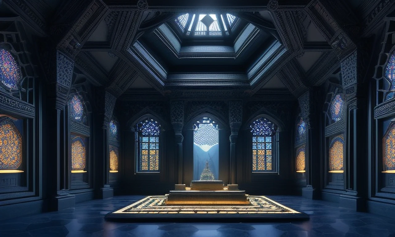 digital painting of a small palace in certain distant planet. Illustration by cedric peyravernay and thomas kinkade and ((H.R. Giger):0.81), (angle shot), techno-castle room, (dark), ((((intricate decoration),stone walls), ((hexagonal skylight)), ((green:0.6) light), geometrical ornamentation)), ((cybernetic walls, emerald, sapphire):0.91), 4k. vivid light, high angle view. centered image, isometric perspective on the bottom. atmospheric lighting, trending on artstation, octane render