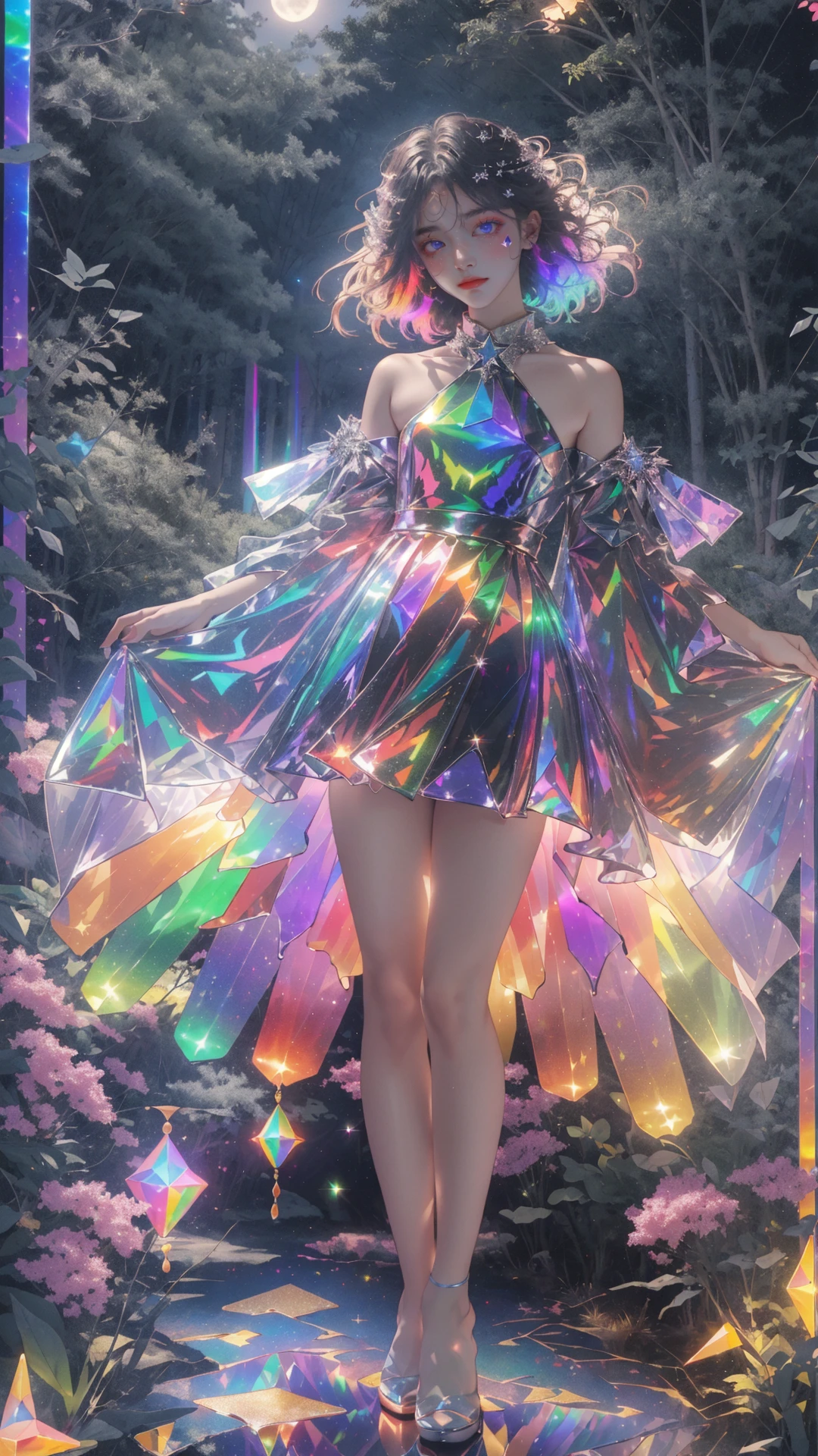 masterpiece, best quality,highres, 1girl, look_at_viewer, tall, perfect stature, liuli,<lora:liuli:0.6>,bangs, chromatic dispersion, tansparent_plastic, coloured glaze, Polychromatic prism effect, iridescence/opalescence, glowing colors, aluminum foil, Glowing ambiance,, moonlight, stars in the eyes, <lora:butterfly:0.5>
