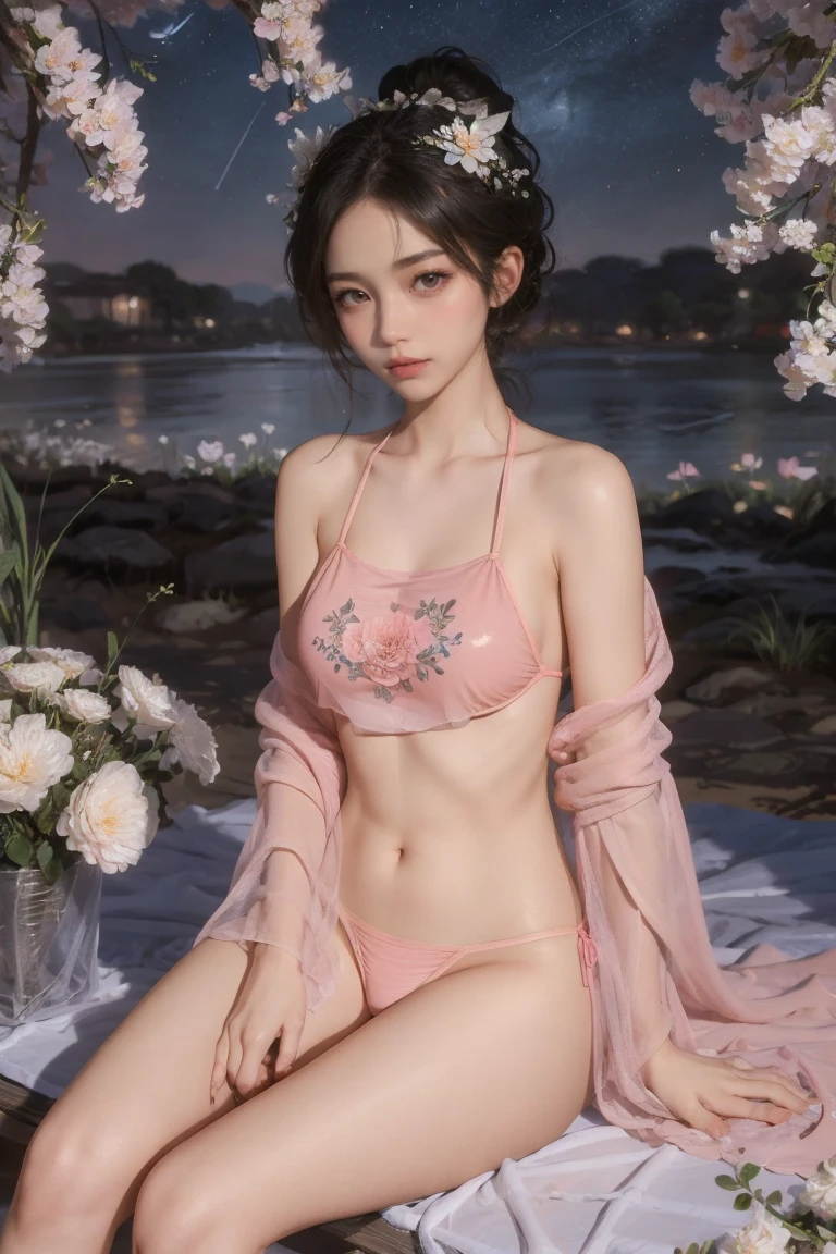 1girl,solo,flower,underwear,hair ornament,panties,pink panties,sitting,black hair,looking at viewer,see-through,shawl,hair flower,pink bikini,meadow, starry sky,