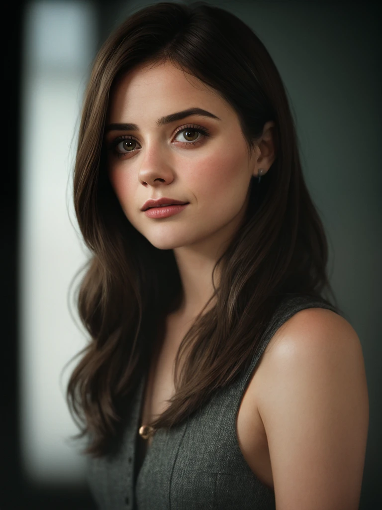 (full-length, editorial photograph of a 21 year old woman), brown eyes, makeup arrows, (highly detailed face:1.4) (smile:0.7) (background inside dark, moody, private study:1.3), POV, by lee jeffries, nikon d850, film stock photograph ,4 kodak portra 400 ,camera f1.6 lens ,rich colors ,hyper realistic ,lifelike texture, dramatic lighting , cinestill 800, Jenna Coleman, wide jaw, 