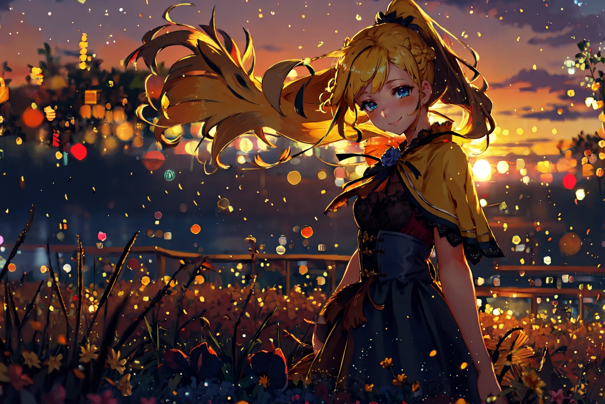 best quality, masterpiece, extremely detailed, detailed background, 1girl, solo, yellow hair, blue eyes, braid, long hair, wavy hair, fluffy hair, ponytail, french braid, blush, smile, capelet, lace trim, bodice, sunset, dusk, scenery, high place, horizon, wind, wind blow, flowerbed, looking at viewer, depth of field, bokeh
<lora:VisNoctisLGHT:0.5>  <lora:pikas-lighting-isolation:1> <lora:breakA-lighting-isolation-768:1>  <lora:Light and Shadow [13239]:0.5> <lora:dpepv5-extracted:0.5>
