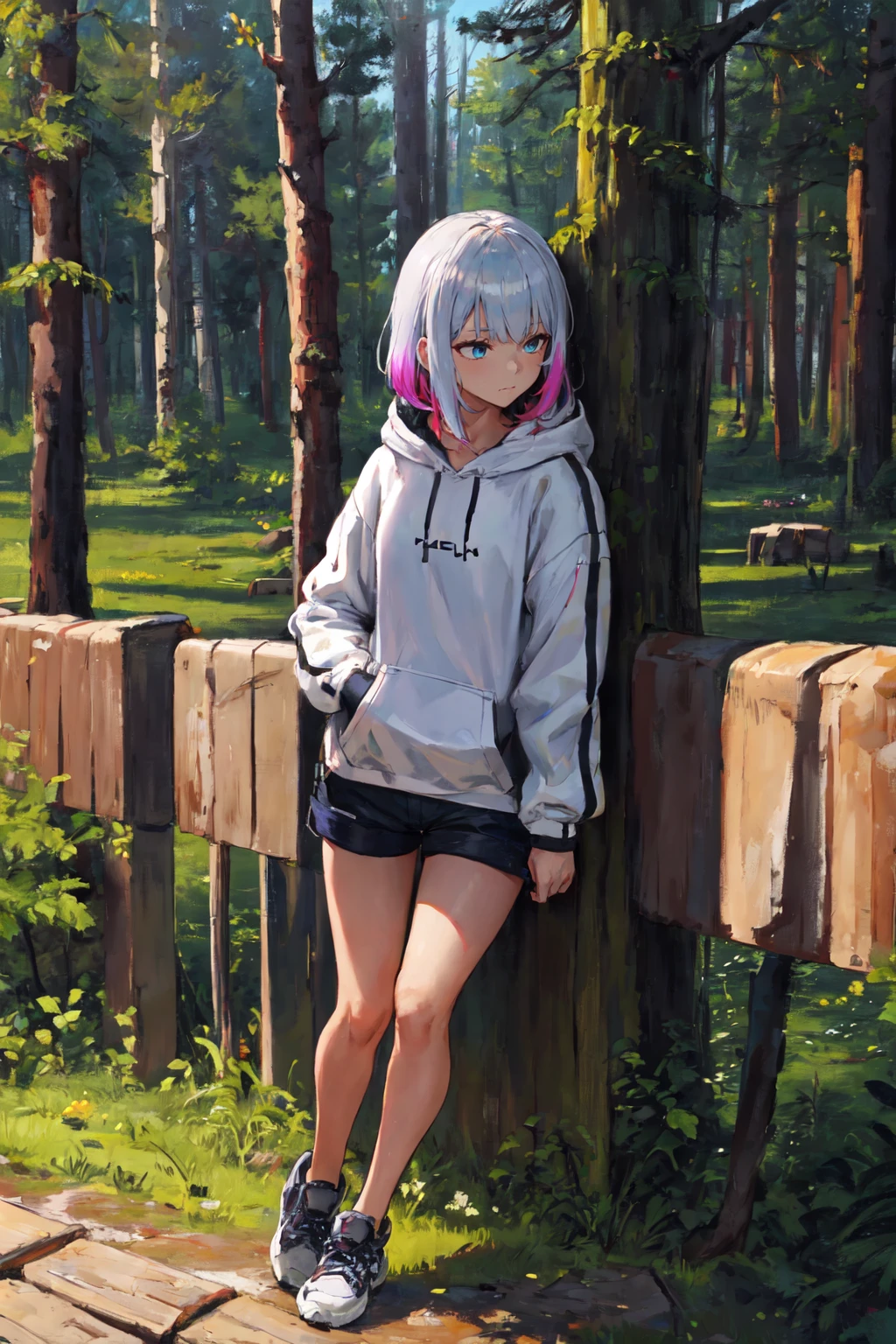 masterpiece, high quality, highres, absurdres, ultra-detailed, 8k, 1girl, white hoodie, white oversized hoodie, hoodie with red accent, techwear, hood, platinum grey hair, platinum blue hair, gradient hair, bangs, colorful eyes, closed mouth, looking away, sky, cloudy sky, day, forest, trees, vivid, colorful, light rays, shadows, shorts, full body, against wall