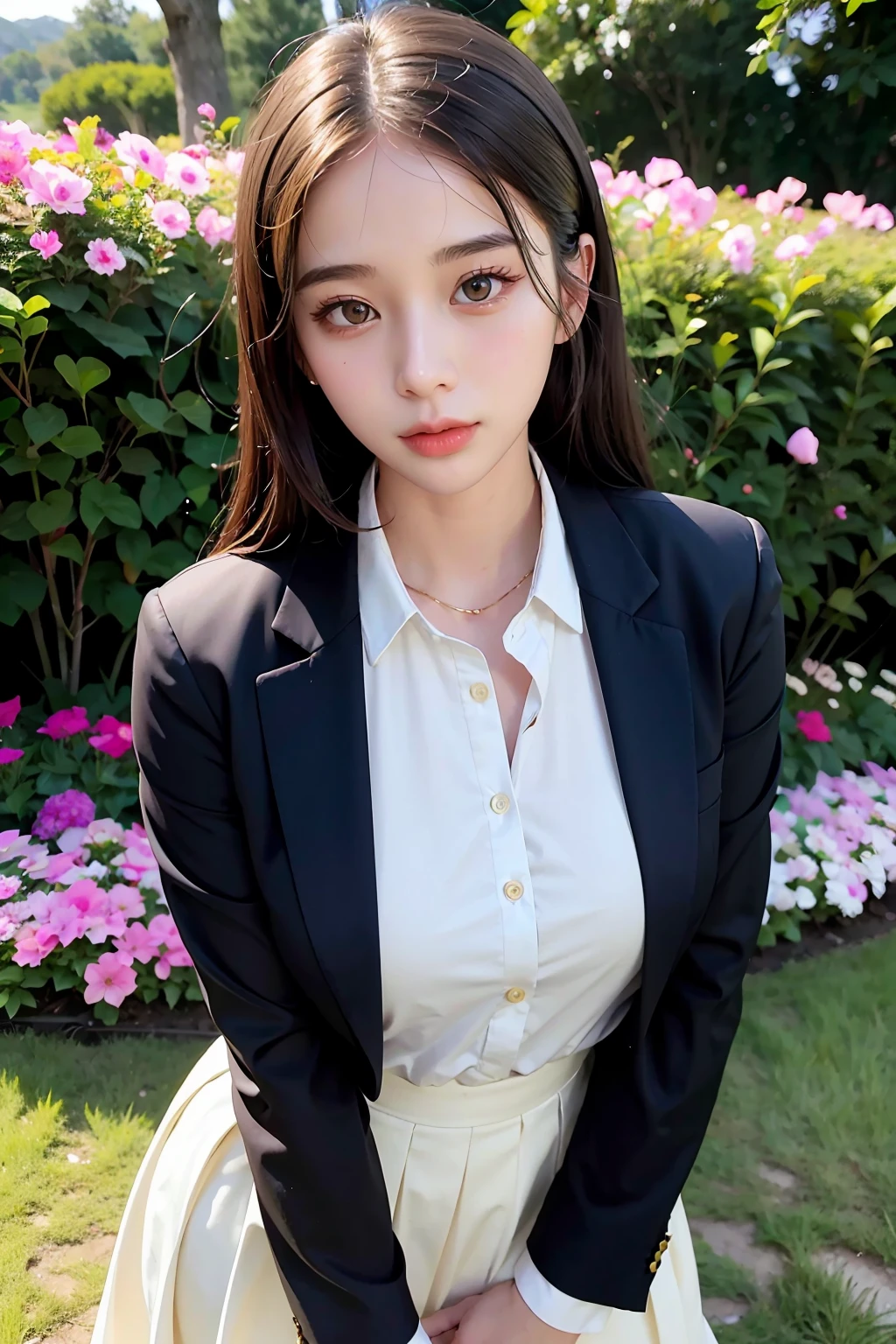 (masterpiece), best quality, expressive eyes, perfect face, 1girl, formal uniform, looking and turning to the viewer, polite majestic pose, flower garden background, 
<lora:supassra_sp-02:1>