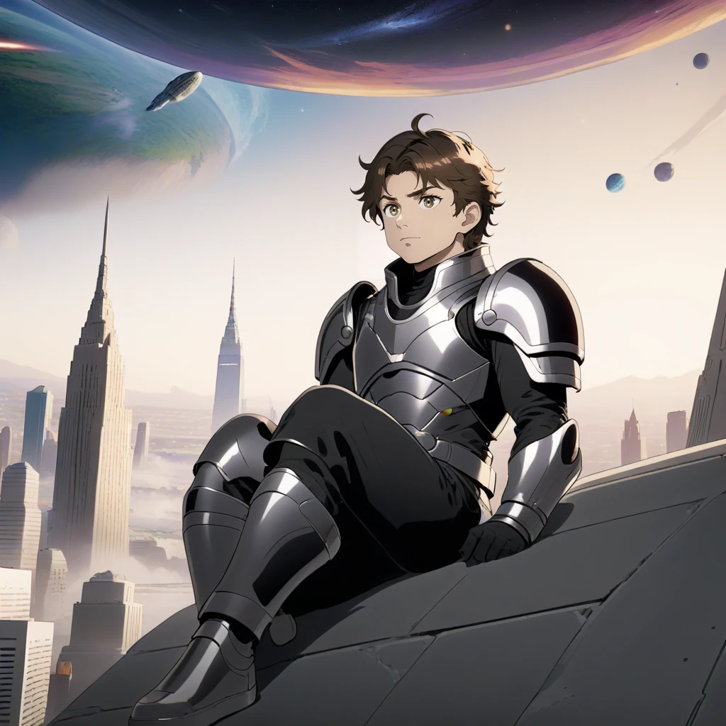 1boy, space armor, sitting, city background, masterpiece, best quality,
