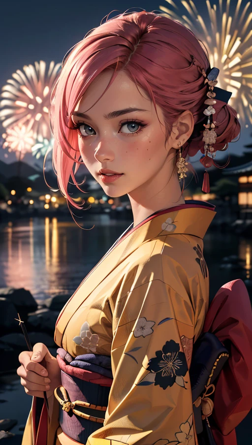 (best quality, masterpiece, colorful, dynamic angle, highest detailed)upper body photo, fashion photography of a cute marocco girl with iridiscent pink hair, flirting with POV, in traditional japanese gold&black kimono, ultra detailed kimono textures, high contrast, night, kyoto, fireworks, (intricate details, hyperdetailed:1.15), detailed, moonlight passing through hair, (official art, extreme detailed, highest detailed),