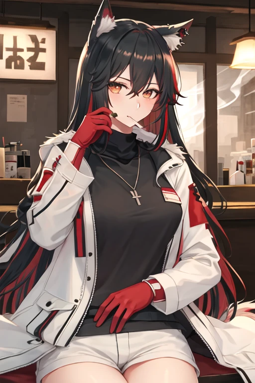 best quality, masterpiece, highres, solo, {texas_arknights:1.15}, black_hair, animal_ears, long_hair, wolf_ears, bangs, animal_ear_fluff, hair_between_eyes, multicolored_hair, red_hair, upper_body, breasts, two-tone_hair, brown_eyes, 1girl, cigarette, fur_trim, gloves, holding, holding_cigarette, jacket, official_alternate_costume, red_gloves, shirt, white_jacket, black_shirt, colored_inner_hair, hand_up, long_sleeves, open_clothes, smoke, smoking, ear_piercing, jewelry, looking_at_viewer, piercing, hood, open_jacket