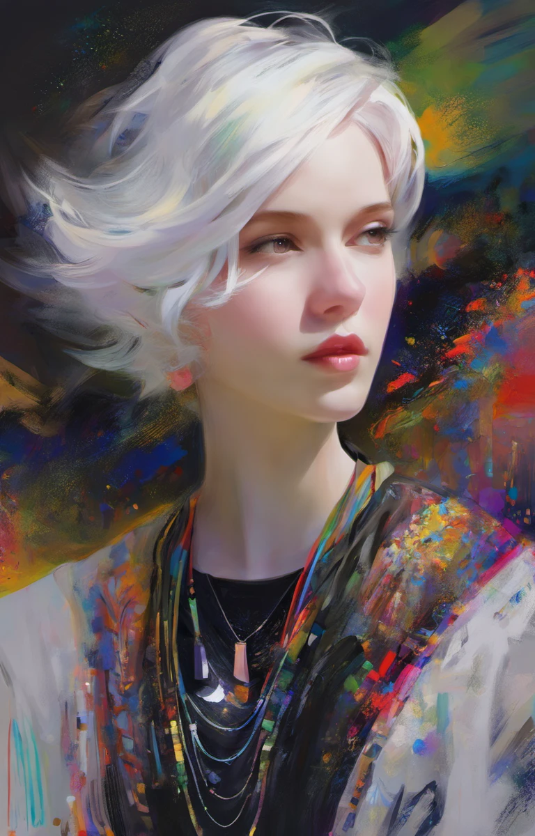 (Style by NTY:1.4), a woman, black shirt, white hair, intricate, colorful, <lora:OilPaint:0.7>