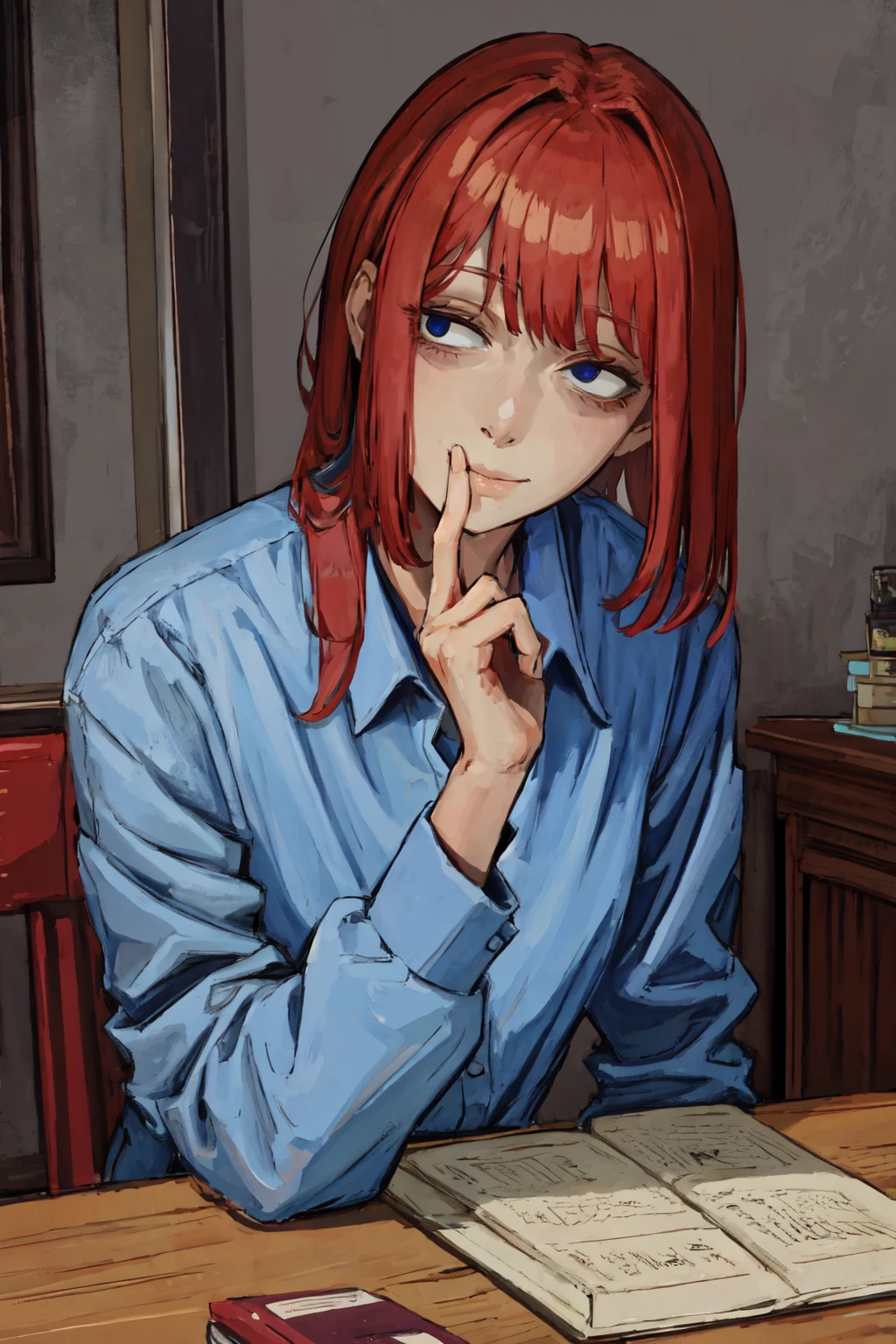 masterpiece, best quality, ultra-detailed, (detailed background), detailed shadows, (dark colors, realistic lighting:1.2), BREAK 1girl, table, (forcing self to smile using finger, finger smile:1.2), (bags under eyes, empty eyes, tired), expressionless, work outfit, after work, <lora:dpep4-768-000004:.47>,   <lora:Bags Under Eyes [30034]:0.8>