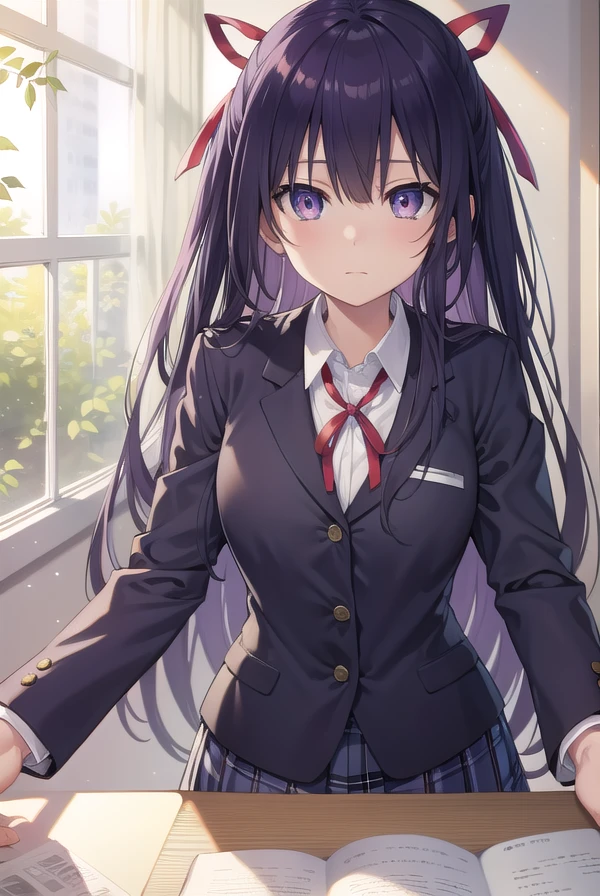 tookayatogami, <lora:tookayatogami-lora-nochekaiser:1>, 
tooka yatogami, hair ribbon, (purple eyes:1.1), purple hair, long hair, ribbon,
BREAK raizen high school uniform, school uniform,
BREAK looking at viewer, 
BREAK indoors, classroom,
BREAK <lyco:GoodHands-beta2:1>, (masterpiece:1.2), best quality, high resolution, unity 8k wallpaper, (illustration:0.8), (beautiful detailed eyes:1.6), extremely detailed face, perfect lighting, extremely detailed CG, (perfect hands, perfect anatomy),