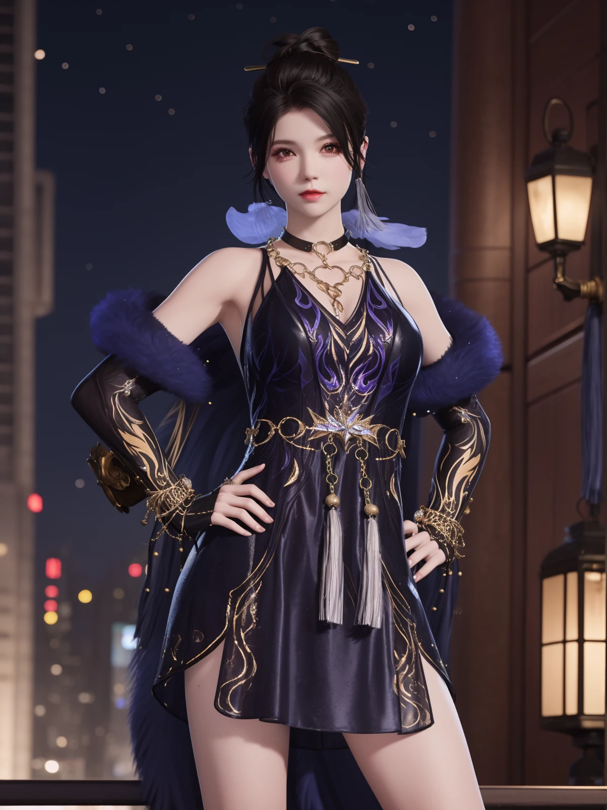 YJWJyulinglongXSLY, 1girl,jewelry, solo,black hair,single hair bun, dress, hair stick, yellow eyes, bracelet, bell,choker,fur trim,elbow gloves, tassel, <lora:YJWJyulinglongXSLY:0.75>,cityscape, night, looking at viewer, mature female, hand on hip,