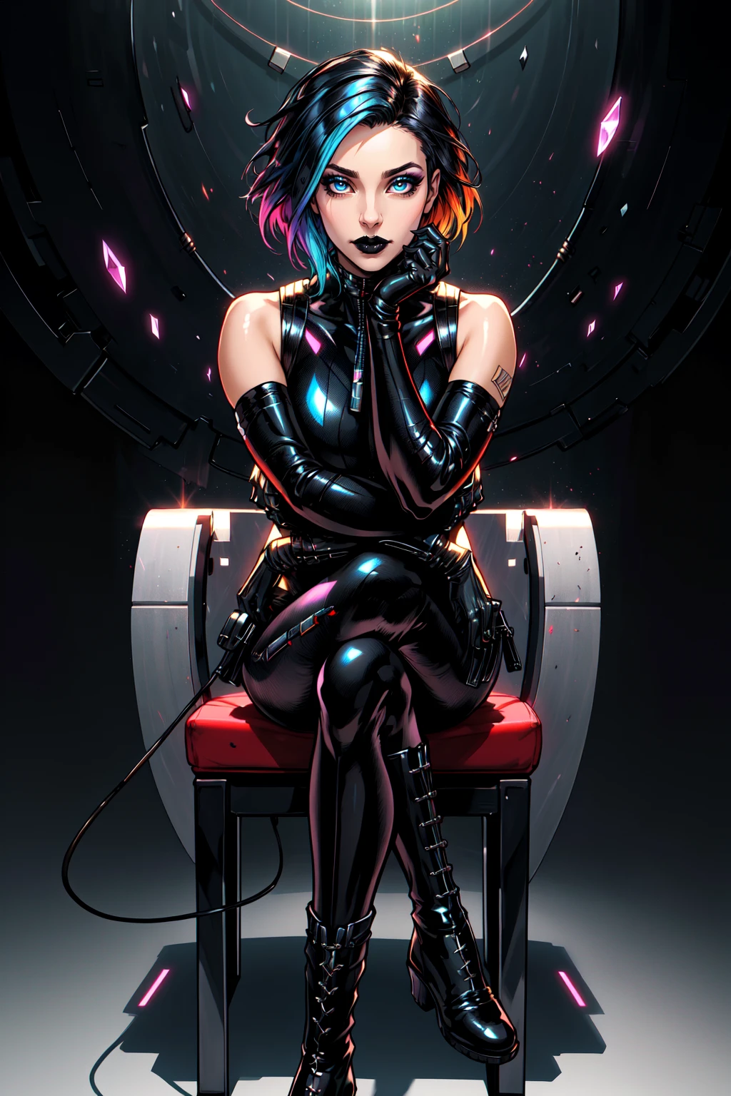 (masterpiece, best quality, ultra-detailed, highres), perfect face, side lighting, lustrous skin,(bloom), (shine), lighting, ray tracing, sci-fi, 1girl, solo, black hair, black lips, multicolored hair, gloves, electrical cables hanging from her arms, sitting on a crystal crescent chair, crossed legs, short hair, black footwear, bodysuit, boots, black gloves, blue hair, looking at viewer, goth makeup, black pants, holding a black ferrous cystal, depth_of_field, very detailed background, highly detailed background, Masterpiece, Ultra detailed, great composition,Dynamic angle,(wide shot), extremely delicate and beautiful,(Highest picture quality), (Master's work), depth of field, solo, extreme light and shadow, masterpiece, rich in detail, (fine features), (highest quality), (masterpiece), (detailed eyes), (beautiful) detailed ,beautiful detailed eyes,(straight-on), full body, cyberpunk:1, (extremely detailed CG unity 8k wallpaper),(masterpiece), (best quality), (ultra-detailed), (best illustration),(best shadow),perfect lighting , perfect anatomy , vivid colors,