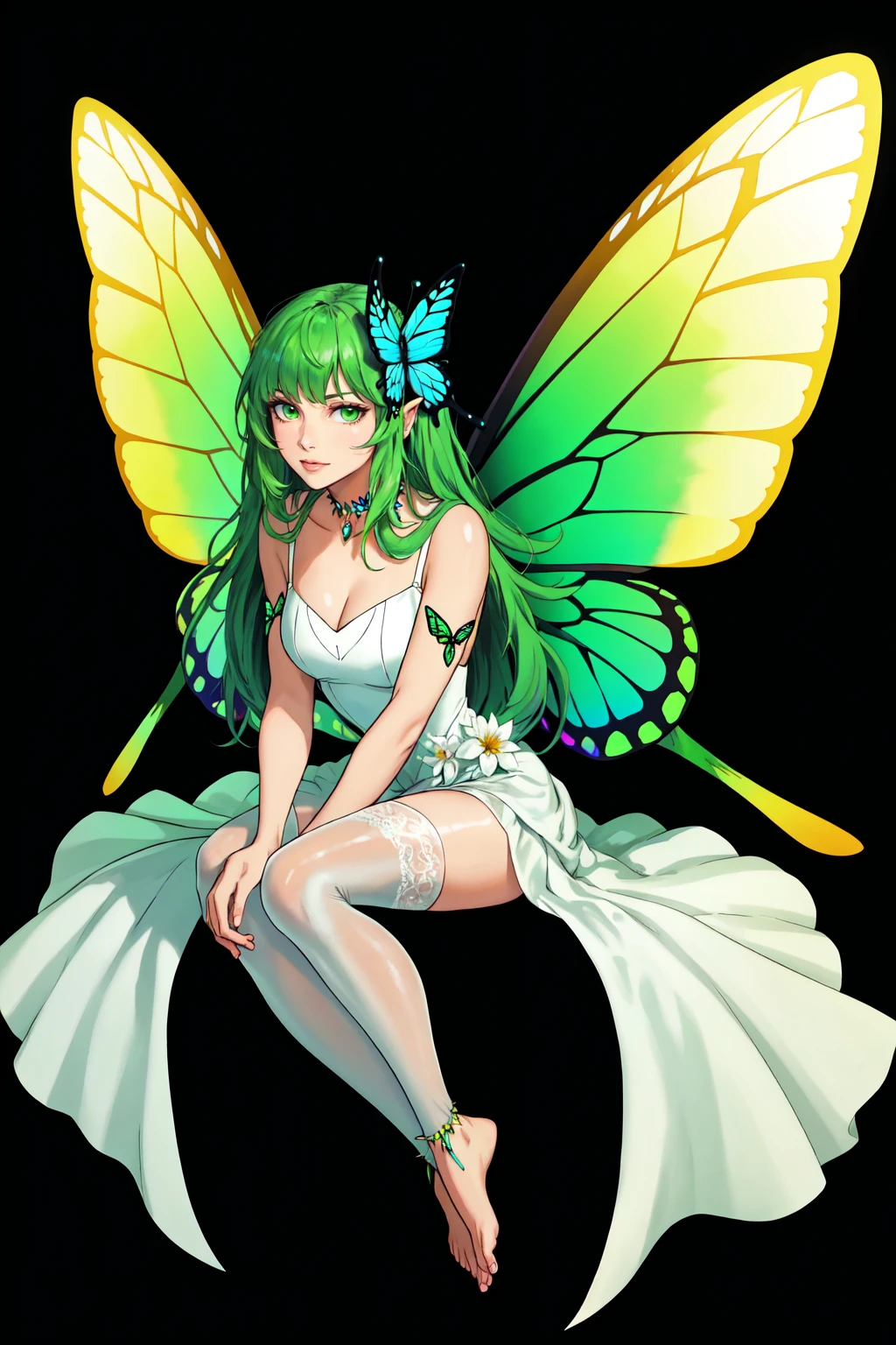 1girl, long hair, green hair, dress, black background, wings, flower, solo, butterfly, fairy wings, barefoot, hair ornament, white dress, bug, very long hair, hair flower, thighhighs, green dress, fairy, simple background, butterfly wings, green eyes, sitting, looking at viewer, upper body, barefoot sandals, jewelry,specular highlights