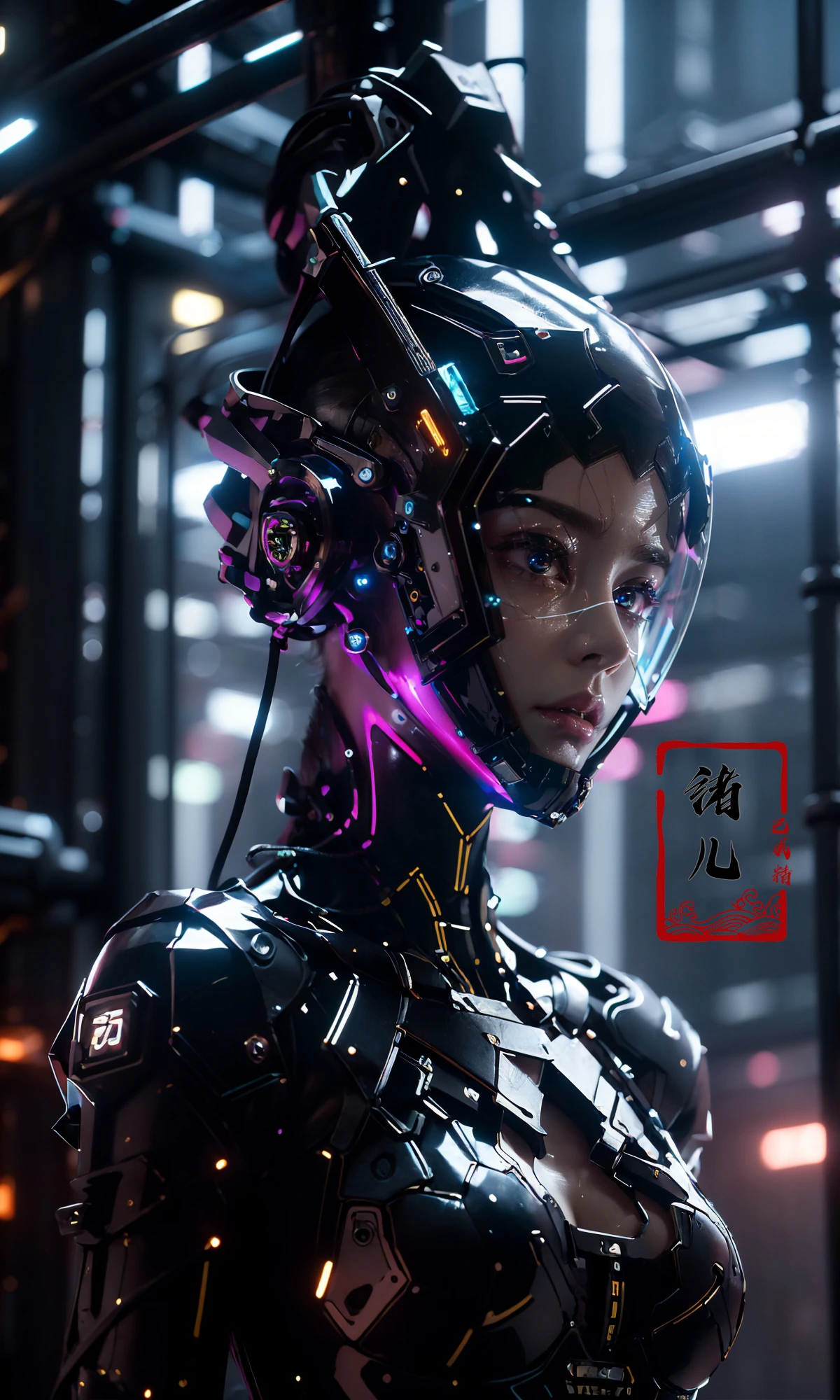 Create an album cover that captures a futuristic, dystopian atmosphere. The image must show an attractive female figure, but clearly artificial, as if it had been created by artificial intelligence. Your expression is cold, almost without emotion, highlighting its non-human nature. She is surrounded by a digitalized environment, with glitch elements, circuits and neon lights. Ao fundo, a star shines brightly, symbolizing the narrator of the song. The color palette should include shades of electric blue, black and metallic gray, with touches of red to create a dramatic contrast. The song title should be displayed in a futuristic font, as if floating on the screen.