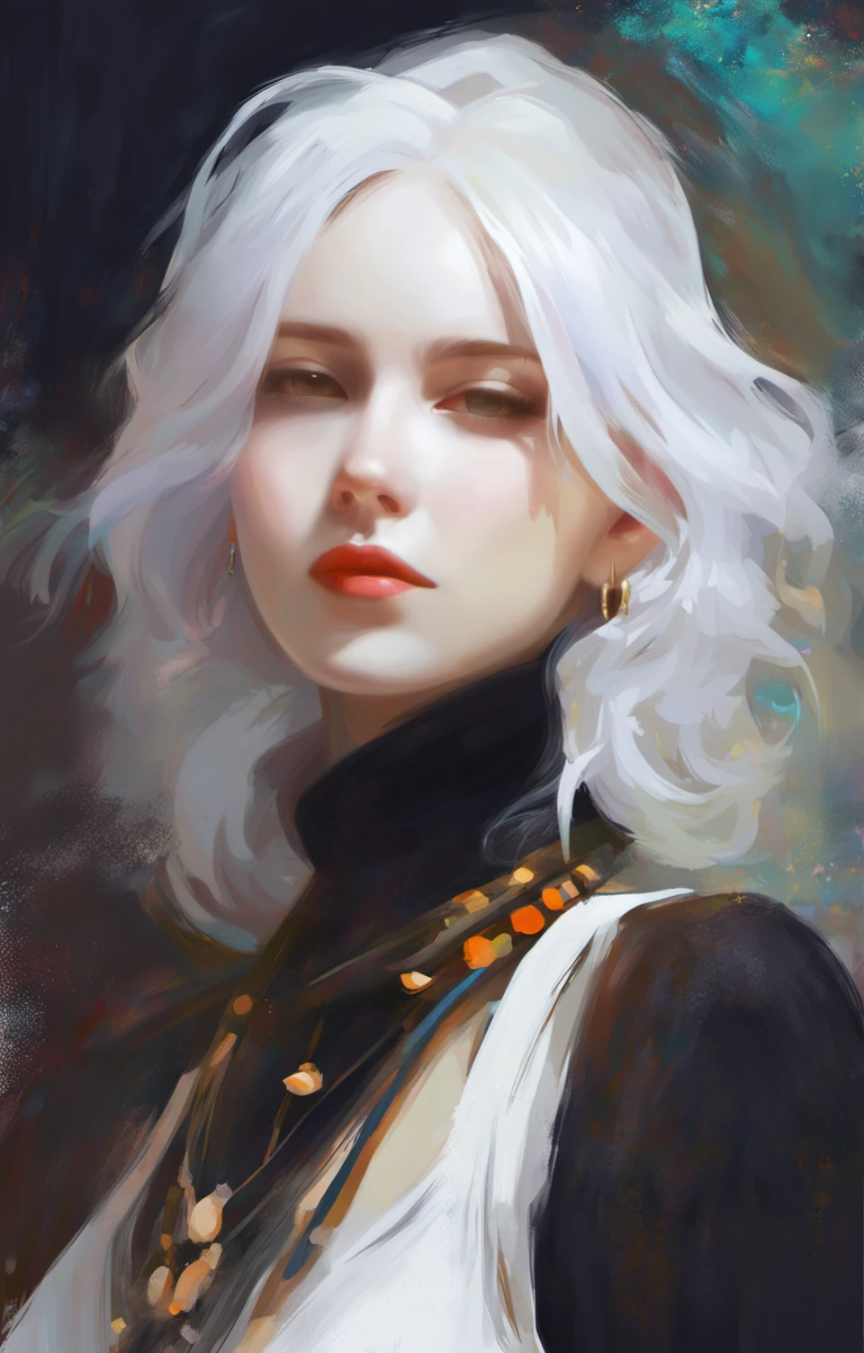 (Style by NTY:1.4), a woman, black shirt, white hair, intricate, dark, <lora:OilPaint:0.7>