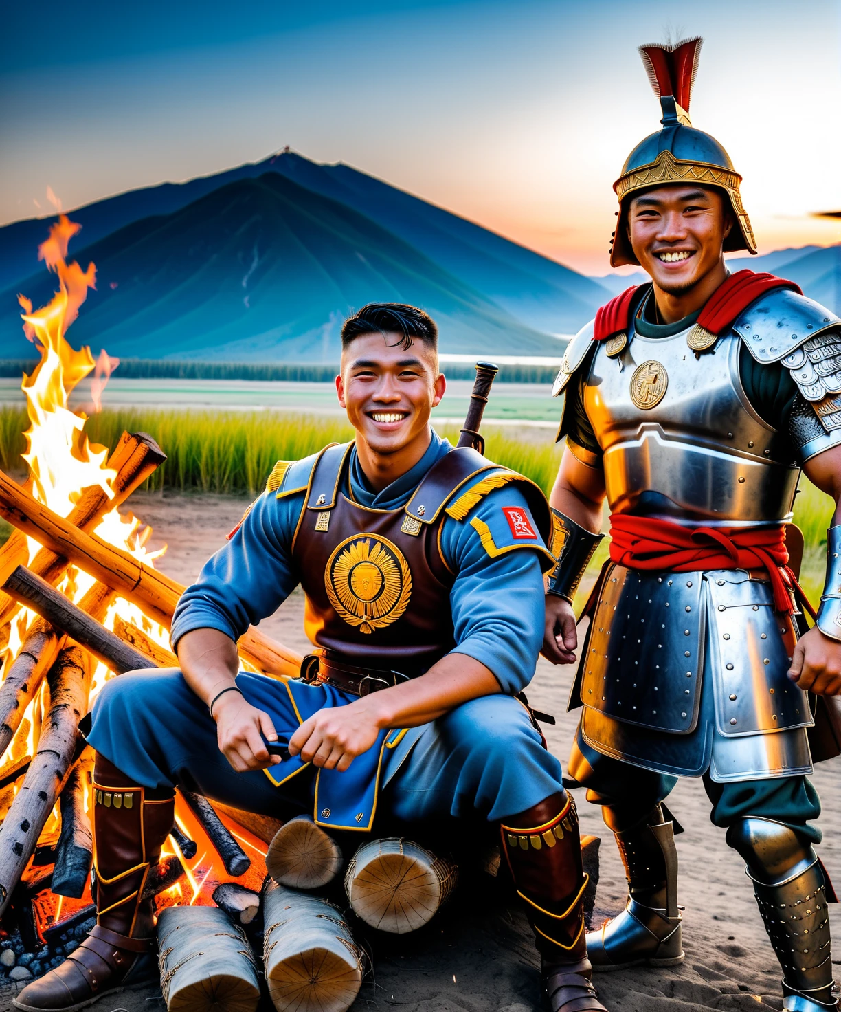 a selfie of the best quality showing a European Roman soldier sitting next to an Asian mongolian warrior by a campfire, smiling
