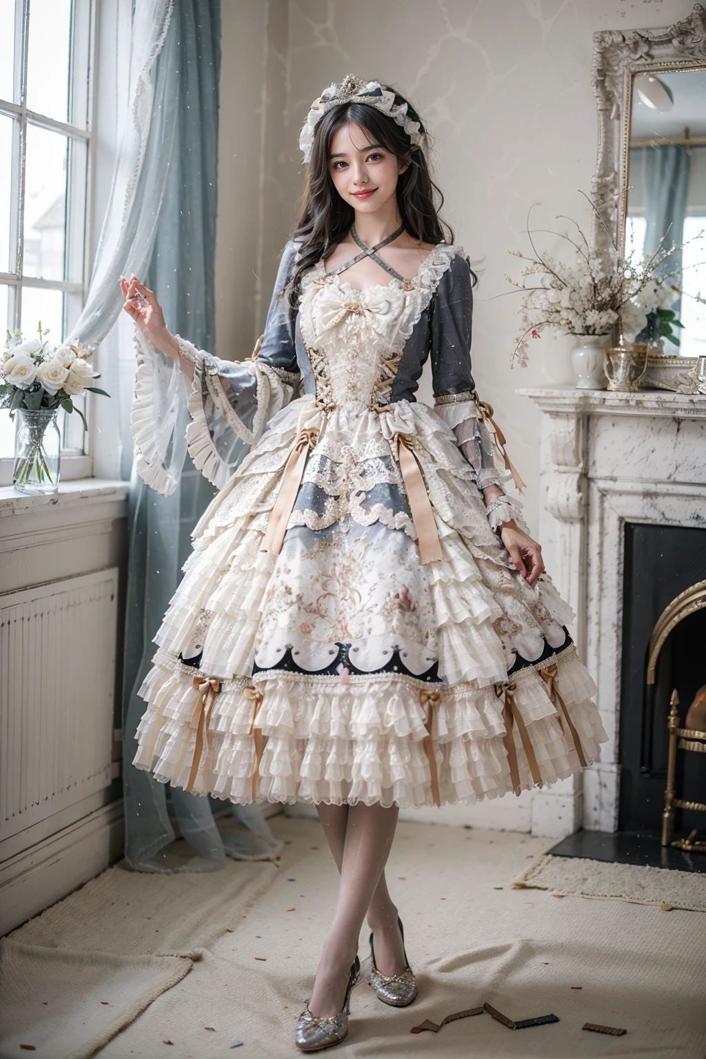 best quality, quality, masterpiece, photorealistic, 1girl, full body, looking at viewer, smile, long hair, black hair, arms at side, lo dress, layered dress, frilled dress, criss-cross halter, hair ornament, white pantyhose, high heels, detailed background, indoors, palace, luxury decorations, window, sunshine, <lora:lo_dress_style4_v1:0.65>