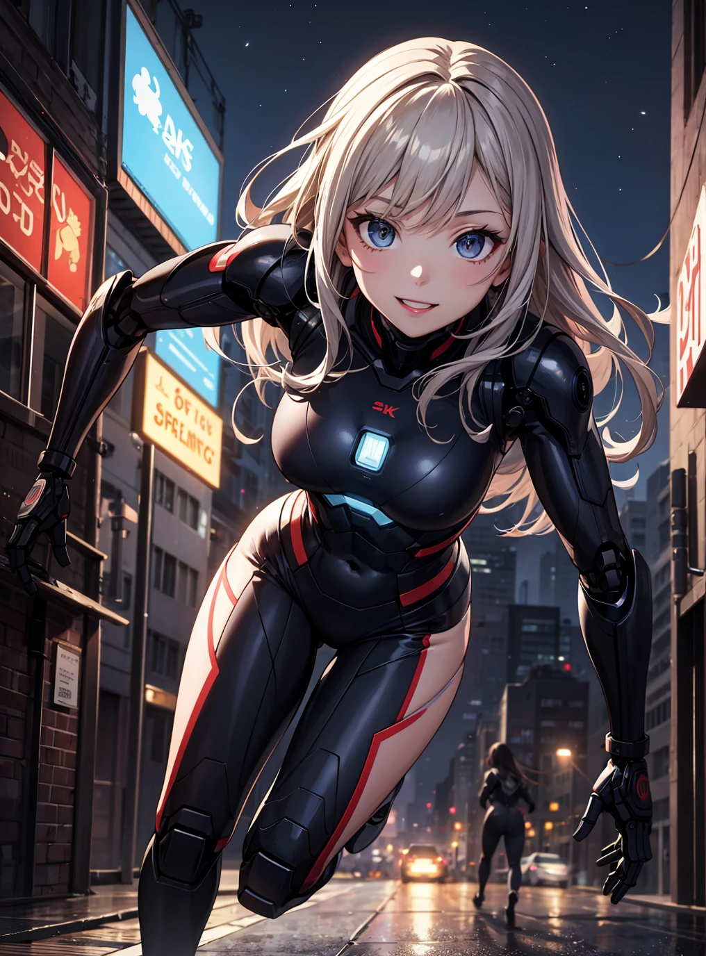 (masterpiece, best quality), (absurdres:1.2), novel illustration, (ultra detailed, 8K, ultra highres:1.2), 1girl, young, detailed face, detailed eyes, detailed hands, slim, long hair, sci-fi, smile, (dynamic pose:1.2), running, city, night, android, robot, <lora:more_details:0.3>