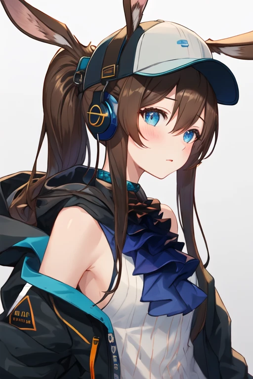 best quality, masterpiece, highres, solo, {amiya_arknights:1.15}, animal_ears, brown_hair, rabbit_ears, long_hair, bangs, blue_eyes, hair_between_eyes, sidelocks, jewelry, closed_mouth, ring, upper_body, ascot, ponytail, blush, 1girl, baseball_cap, ears_through_headwear, hat, headphones, jacket, looking_at_viewer, official_alternate_costume, black_headwear, black_jacket, rabbit_girl, hand_on_headwear, long_sleeves, multiple_rings, portrait