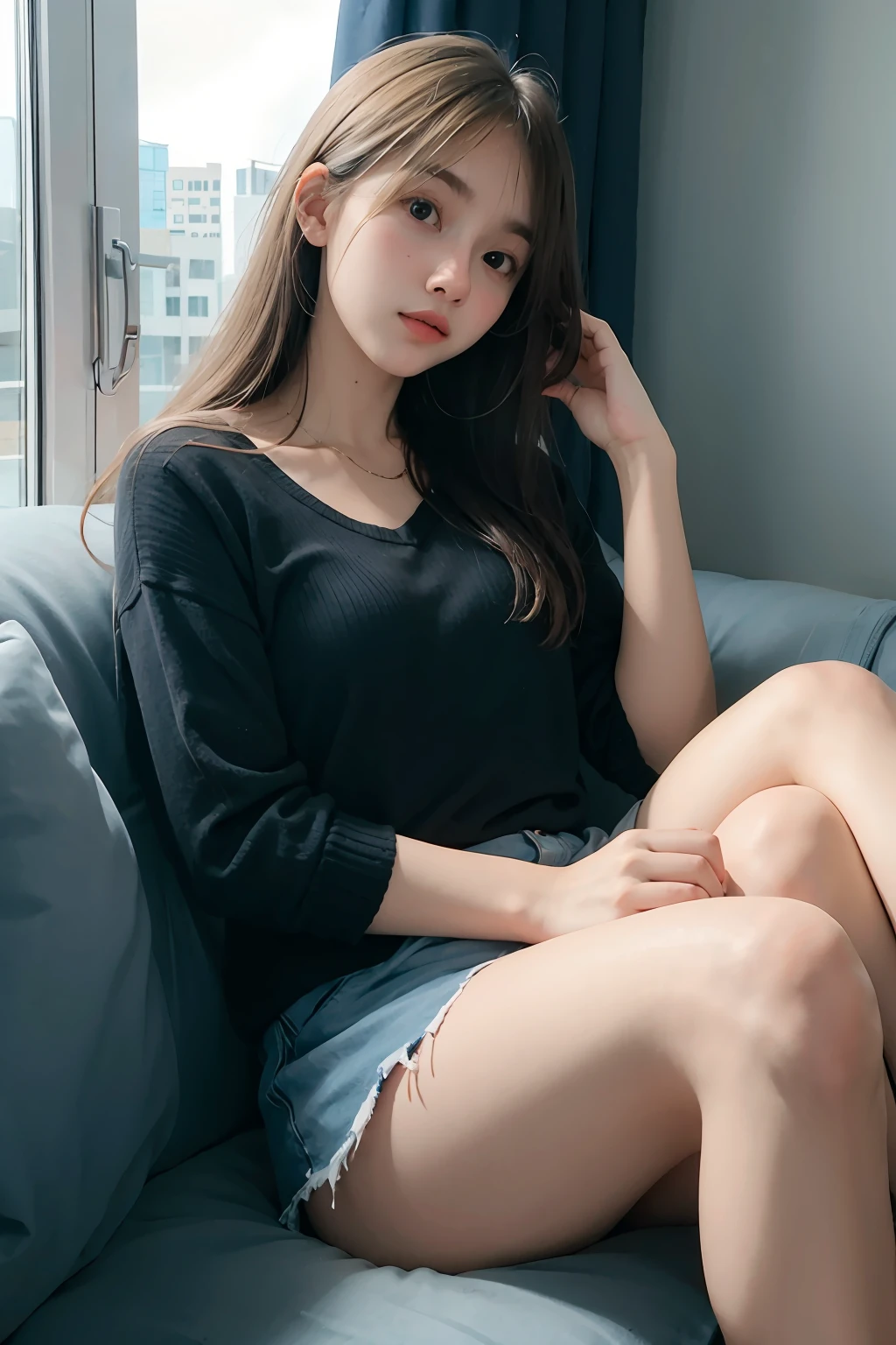 1girl,sitting on a cozy couch,crossing legs,soft light <lora:_Barr_bie-02:1>