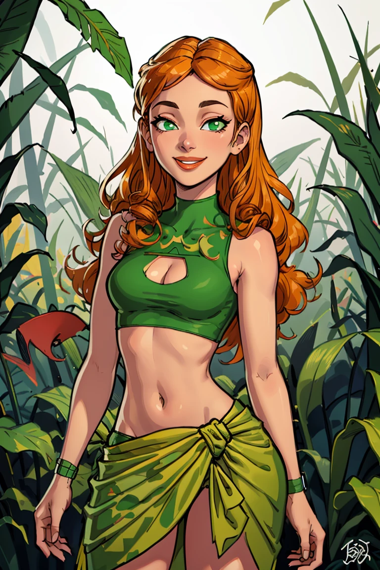 Jennifer Korbin wearing a grass skirt, ginger hair