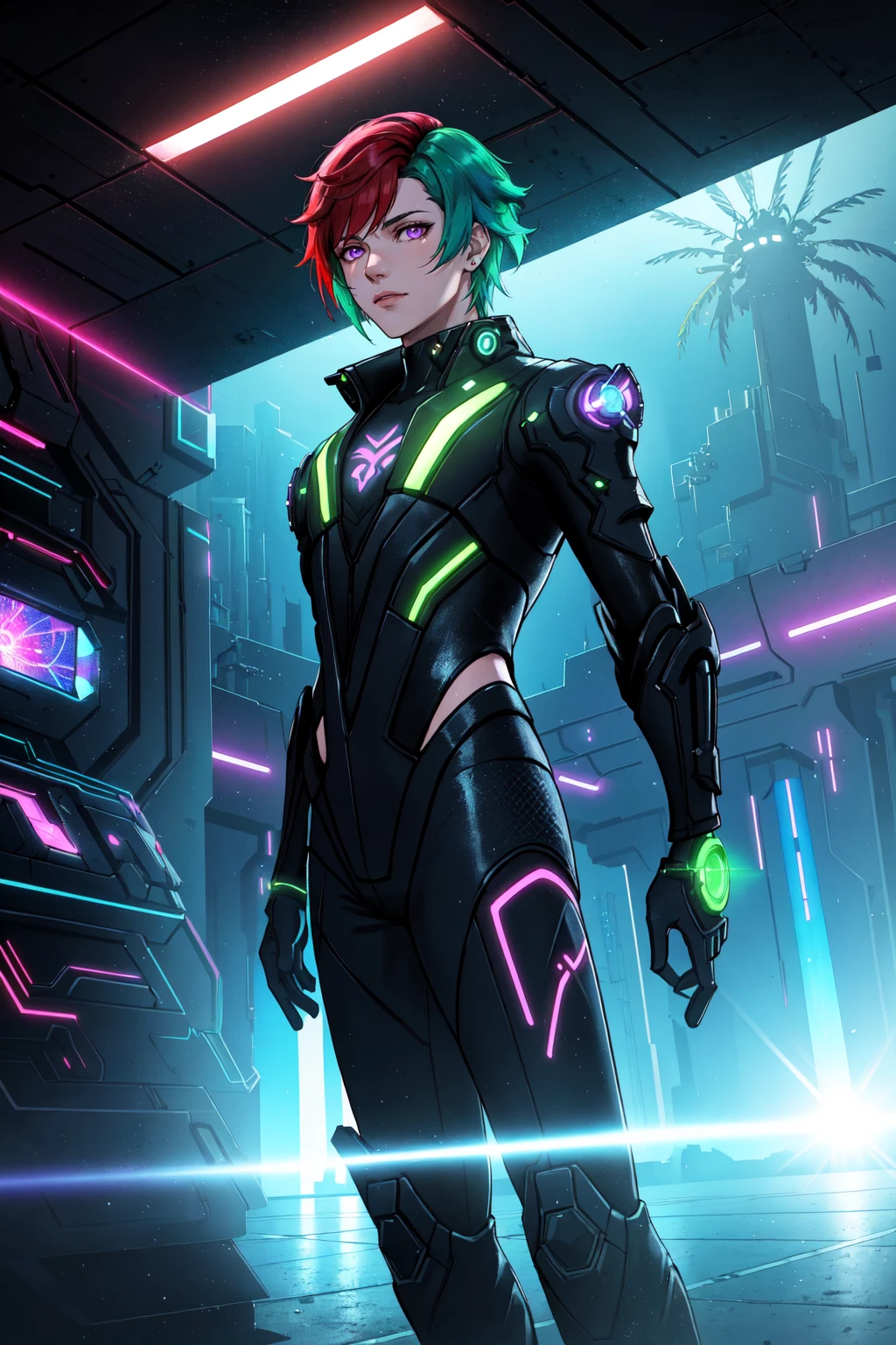 (masterpiece,official art, best illustration, extreme light and shadow), 1boy, solo, transgender male, flat chest, red hair, green hair, style of Genshin impact, hoyoverse, purple eyes, two tone hair, depth of field, standing in a spaceship, (cyberpunk:1.2), (lens flare, light leak, prismastic), close up, (sci-fi:1.5), shiny skin, cg, (sidelighting), (rim lighting) NeonLighting NeonLightingScene