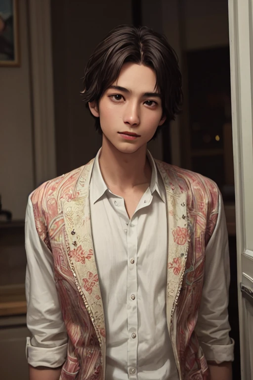 ((masterpiece)),((bestquality)),8k,high detailed,ultra-detailed, depth of field, wide angle,1boy,male focus, handsome face, slim body, topless male, symmetrical portrait,cinematic lighting,