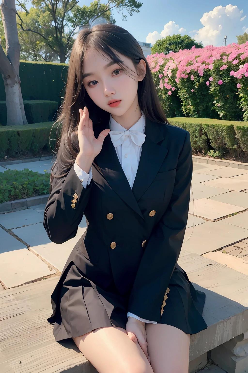 (masterpiece), best quality, expressive eyes, perfect face, 1girl, formal uniform, looking and turning to the viewer, polite majestic pose, flower garden background, <lora:_Barr_bie-02:1>