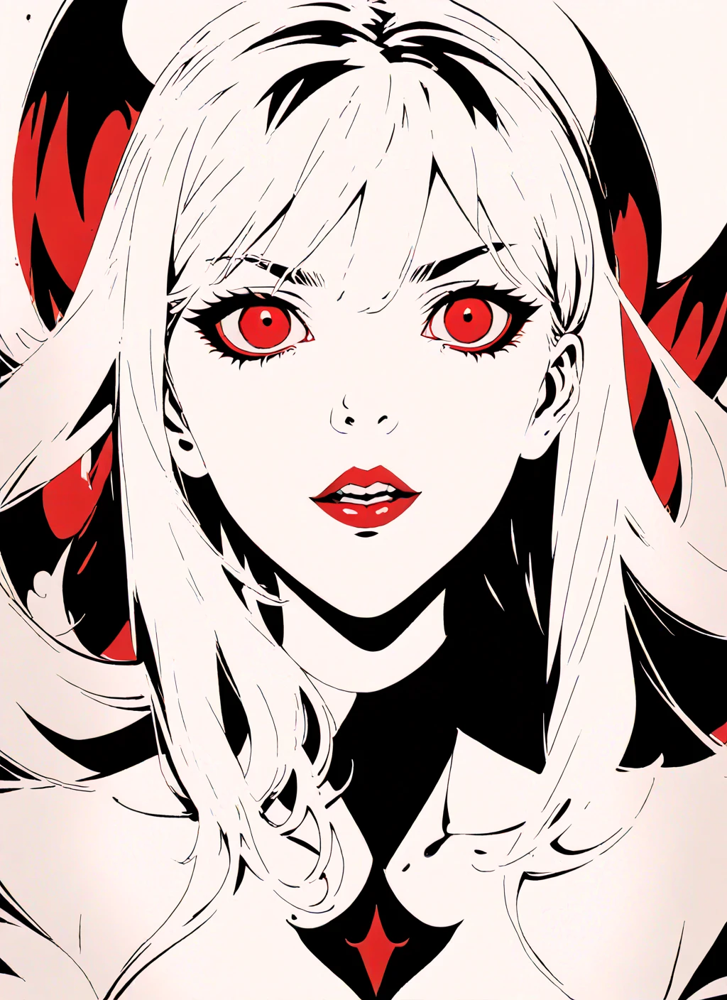 1girl, monochrome, abstract background, vampire, red lips. cleavage, red eyes, masterpiece, best quality,