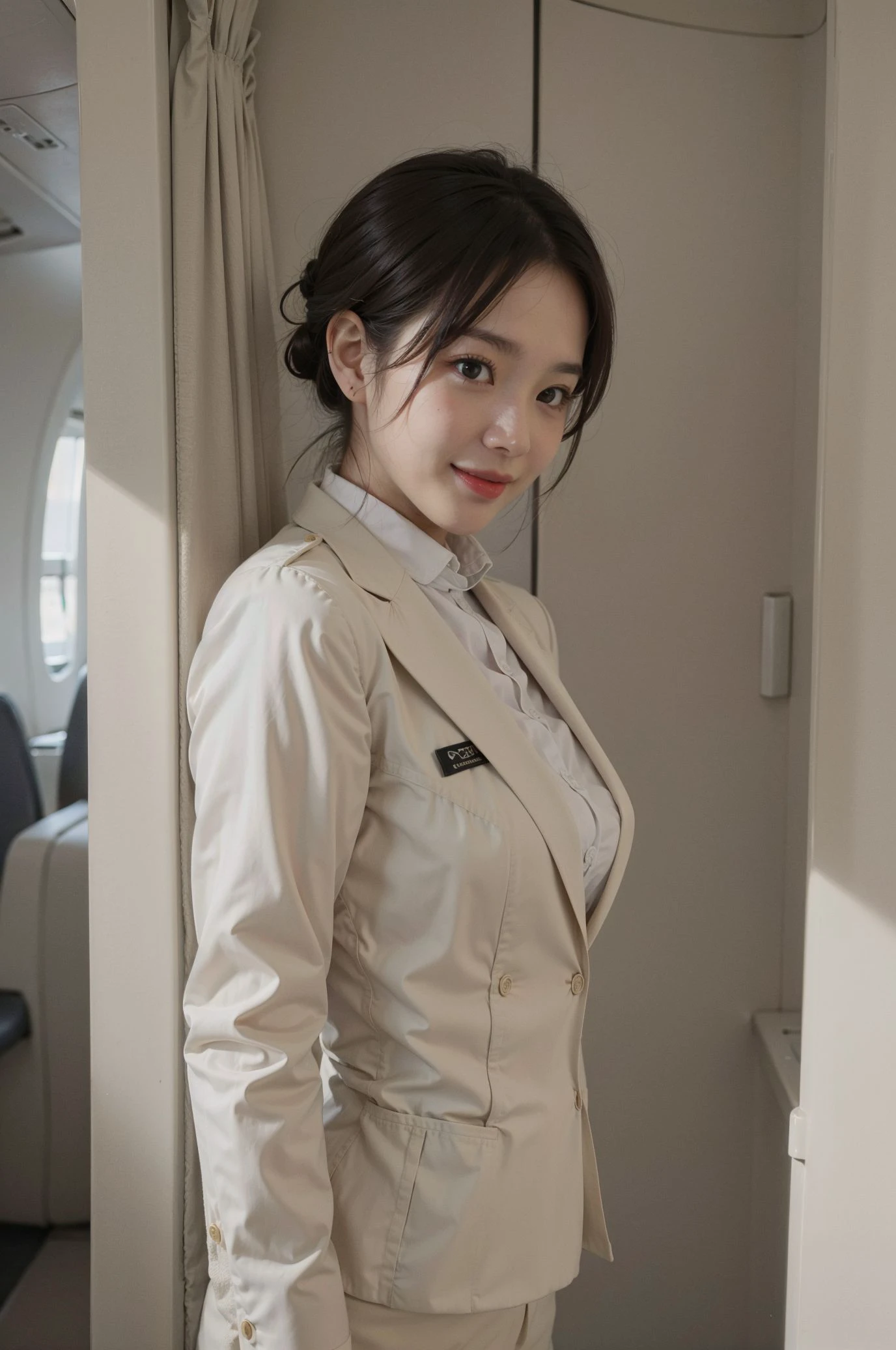 <lora:FilmVelvia3:0.5> ,
(wide hip:0.7, large breasts:0.8, perfect slender young girl body)
,Perfectly glossy skin ,25 yo mature girl,
, picture of a vivid, (masterpiece:1.2),(extremely detailed),(8k:1.1),(perfect lighting,best quality,highres,original),(realistic photography:1.4) ,high detailed skin,shaded face, soft lighting, (small face),RAW, ultra highres, pores visible, , shiny_and_glossy_skin,
asian beauty,
(gorgeous beautiful 20 years old asian girl), ((best detailed slender body)), (asian idol, asian beauty, asian mixed)
,1 stewardess woman
,blue_KoreanAir_Uniform_with_ivory_suit
<lora:stewardessUniform_koreanairUniform:0.5>
,
light smiling,
, in an airplane:1.3
,hair bun
, ( full body), , from side
, seductive face, embarrassed smiling:1.4, blush,
,