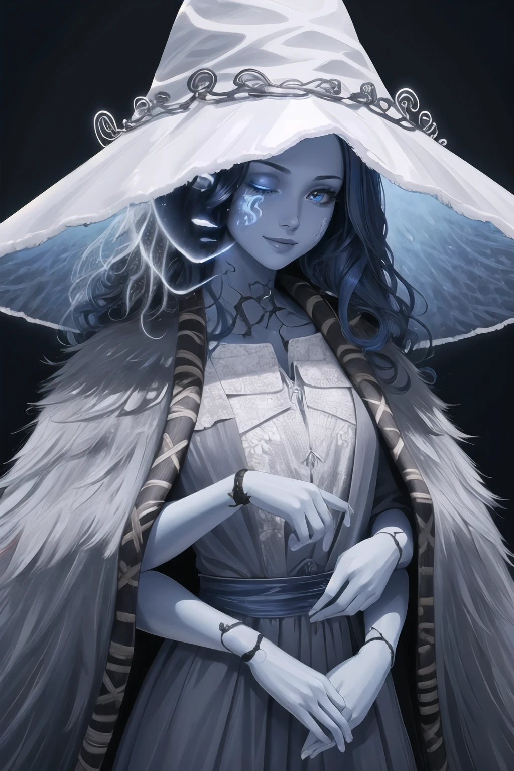 Highly detailed, High Quality, Masterpiece, beautiful, 1girl, solo, Ranni, wavy hair, blue skin, cracked skin, extra arms, extra faces, <lora:RanniV3:1>, dress, hat, cloak, smile,