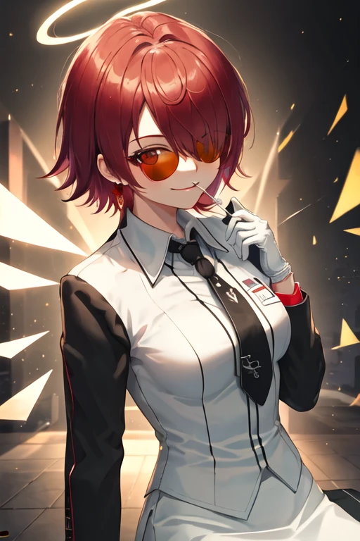 (masterpiece, best quality, detailed), 1girl, solo, looking at viewer, hephaistos, eyepatch,
pant suit, suit, formal, black suit, black pants, necktie, white shirt, sunglasses, outdoors, cyberpunk, city, night, city lights, neon lights, skyscraper, graffiti, car, <lora:midfinger-left-v2-wasabiya:1>, middle finger, smile, closed mouth, smirk