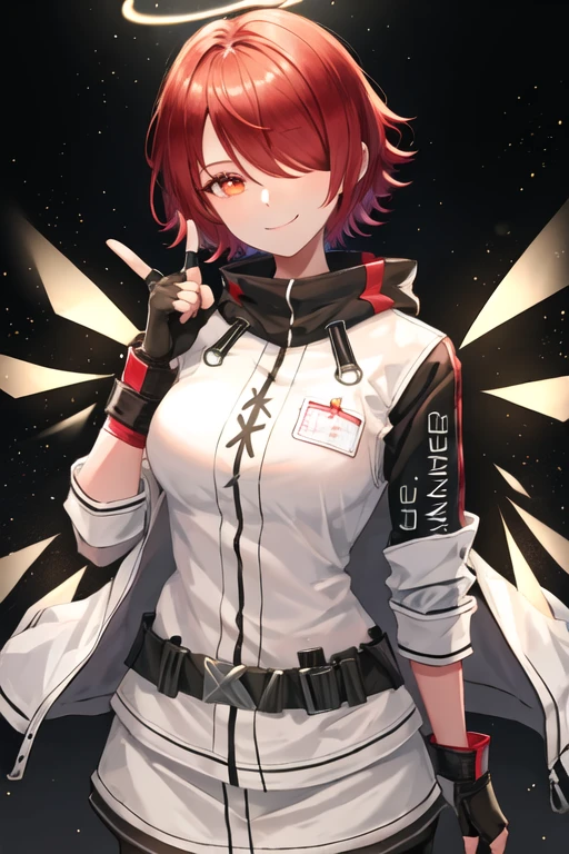 best quality, masterpiece, highres, solo, {exusiai_arknights:1.15}, red_hair, halo, short_hair, bangs, smile, wings, upper_body, hair_over_one_eye, closed_mouth, red_eyes, orange_eyes, 1girl, black_gloves, fingerless_gloves, gloves, jacket, white_jacket, looking_at_viewer, detached_wings, energy_wings, hand_up, simple_background, grey_background