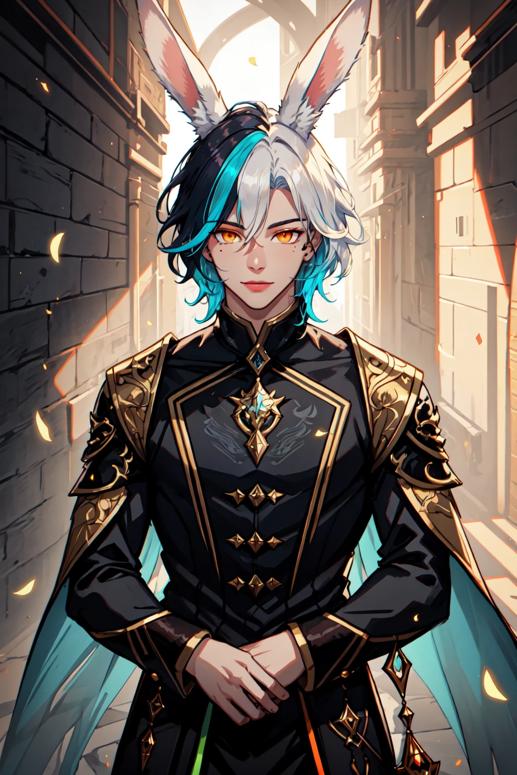 ( 1boy, male focus), solo, blue hair, multicolored hair, rabbit ears, two-tone hair, mole, white hair, sidelighting,, epic, illustration, render, see-through gossamer, shiny skin,(bloom), (shine), ray tracing,masterpiece, best quality,chinese clothes, heterochromia, brown eyes, orange eyes, looking at viewer,depth_of_field,very detailed background,extreme light and shadow,(detailed eyes), specular highlights, subsurface scattering, movie poster quality,(extremely detailed illustrated 8k wallpaper),(masterpiece), (best quality), (ultra-detailed), (best shadow), (fantasy:1.4) , vivid colors,(zentangle, mandala, tangle, chaos, disorder, spider webs, entangle:0.6),