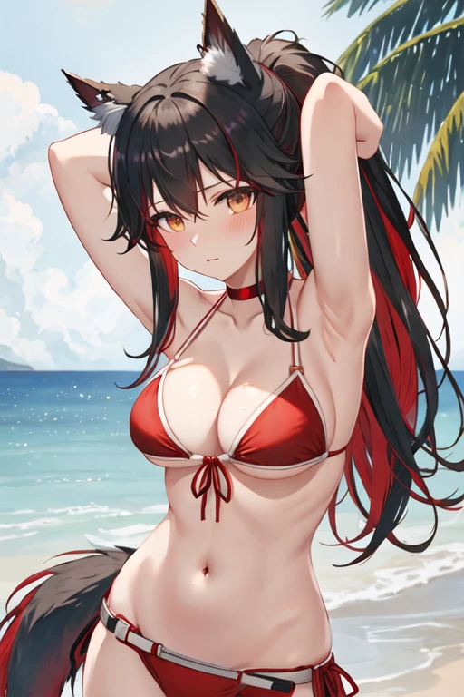 best quality, masterpiece, highres, solo, {texas_arknights:1.15}, black_hair, animal_ears, long_hair, wolf_ears, bangs, animal_ear_fluff, hair_between_eyes, multicolored_hair, red_hair, upper_body, breasts, two-tone_hair, brown_eyes, bikini, looking_at_viewer, red_bikini, swimsuit, bare_shoulders, ponytail, 1girl, choker, cleavage, large_breasts, navel, red_choker, stomach, wolf_girl, blush, front-tie_top, halterneck, yellow_eyes, front-tie_bikini_top, arm_strap, outdoors, wet, armpits, arms_up, belt, closed_mouth, medium_breasts
