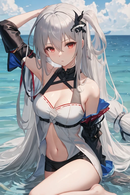 best quality, masterpiece, highres, solo, {skadi_arknights:1.15}, long_hair, bangs, red_eyes, hair_between_eyes, breasts, grey_hair, very_long_hair, upper_body, white_hair, large_breasts, medium_breasts