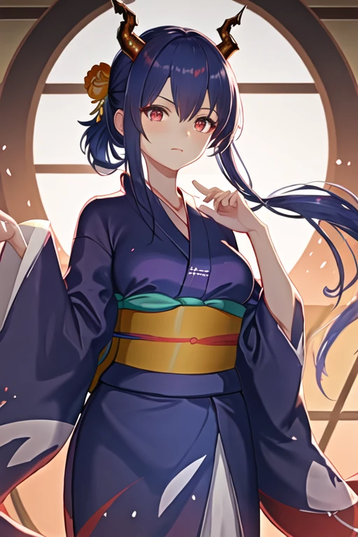 best quality, masterpiece, highres, solo, {yukata:1.40}, {kimono:1.20}, {ch_en_arknights:1.15}, horns, dragon_horns, long_hair, blue_hair, red_eyes, bangs, hair_between_eyes, breasts, upper_body, sidelocks, medium_breasts
