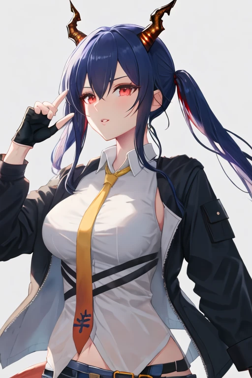 best quality, masterpiece, highres, solo, {ch_en_arknights:1.15}, horns, dragon_horns, long_hair, blue_hair, red_eyes, bangs, hair_between_eyes, breasts, upper_body, sidelocks, medium_breasts, 1girl, black_gloves, fingerless_gloves, gloves, jacket, looking_at_viewer, necktie, shirt, white_shirt, yellow_necktie, black_jacket, collared_shirt, hand_up, holding, low_twintails, open_clothes, open_jacket, parted_lips, twintails
