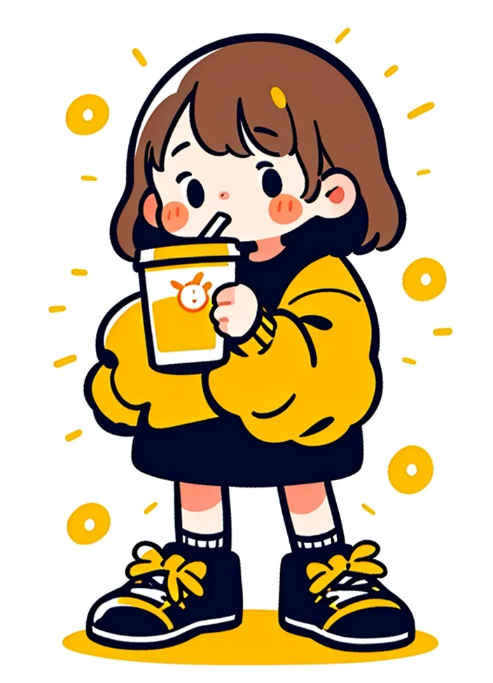 cute comic, 1girl, solo, holding, shoes, socks, long sleeves, short hair, white background, simple background, cup, bangs, blush stickers, standing, holding cup, full body, black footwear, looking at viewer, drinking straw, white socks, puffy long sleeves, brown hair, drink, holding drink, no nose, puffy sleeves, shadow, black 
 <lora:cute_social_Comic-10:0.65>