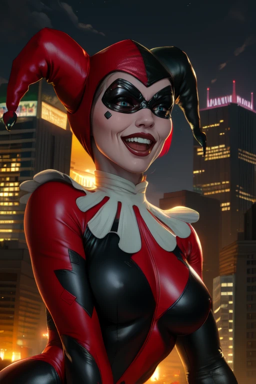 Harley, facing viewer,
standing, upper body, close up, smile, open mouth, solo, ,
QJester, red and black bodysuit ,domino mask ,jester cap, skin tight, white neck ruffle, white gloves,
nighttime, Gotham city, carnival,
(insanely detailed, beautiful detailed face, masterpiece, best quality),
<lora:HarleyQuinn-10v3:0.8>