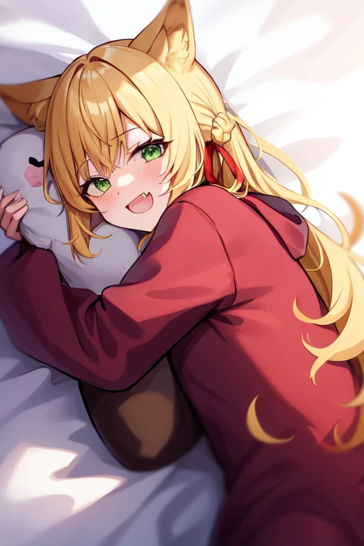 onesie, blonde hair, ribbon, teeth, hair ornament, upper body, object hug, fang, lying, hair ribbon, green eyes