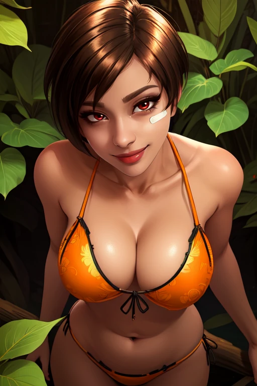 Kinessa, short brown hair, red eyes, smiling, standing,
bandaid on face, cleavage, orange bikini,
jungle, lake,
(insanely detailed, beautiful detailed face, masterpiece, best quality) <lora:Kinessa-10v4:0.7>
