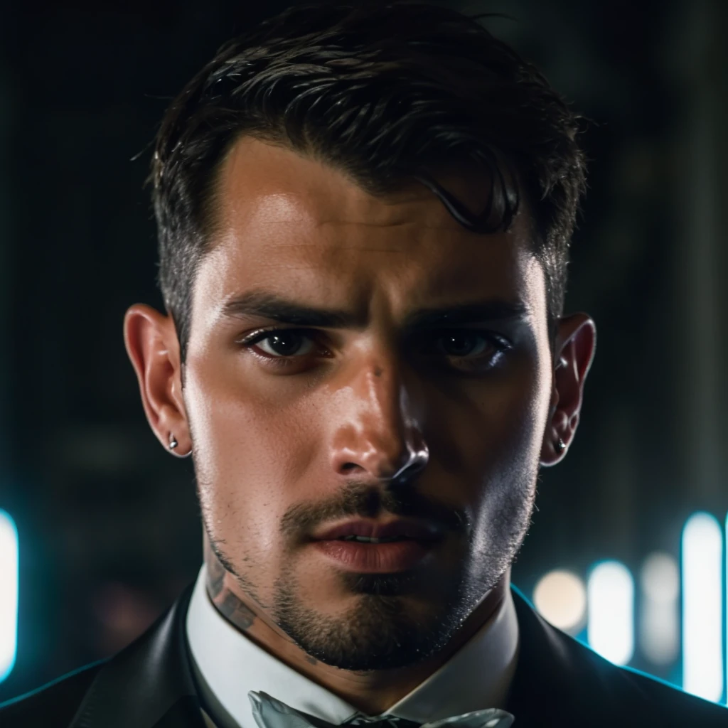 face portrait of manuelkornisiuk person using a tuxedo, in blade runner, professional photography, high resolution, 4k, detailed photo, <lora:manuelkornisiuk_47700:1>