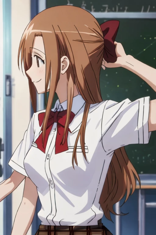 best quality, masterpiece, highres, solo, {shichijou_aria_seitokaiyakuindomo:1.15}, brown_hair, long_hair, brown_eyes, bow, smile, 1girl, school_uniform, shirt, upper_body, profile