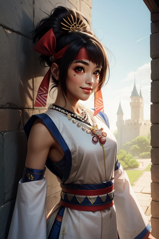 himiko, short black hair, brown eyes, ponytail, facial mark,
headband, hair hair ornament, blue thighhighs, detached sleeves, white robe, necklace, shorts,
standing, upper body,
sengoku period, castle, solo, light smile,
(insanely detailed, beautiful detailed face, masterpiece, best quality)
<lora:himiko:0.7>