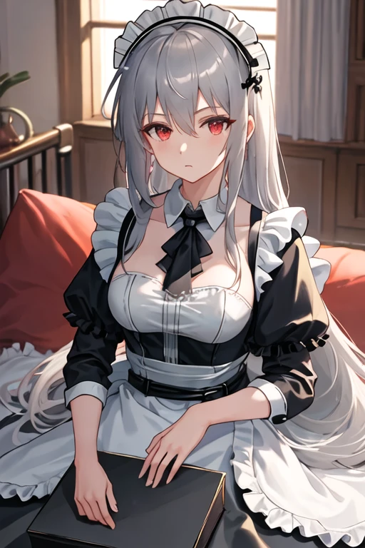 best quality, masterpiece, highres, solo, {maid:1.40}, {long maid dress:1.15}, {skadi_arknights:1.15}, long_hair, bangs, red_eyes, hair_between_eyes, breasts, grey_hair, very_long_hair, upper_body, white_hair, large_breasts, medium_breasts
