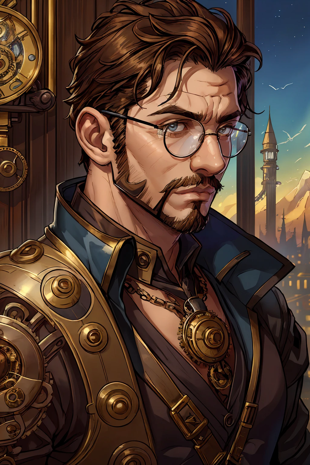 realistic, masterpiece, intricate details, detailed background, depth of field, cinematic, bara, photo of a handsome man wearing intricate steampunk style fantasy clothes, (steampunk fantasy city), sky, brown hair, facial hair, upper body, brass cogs and gears, glasses, looking at viewer, shirt, pants, science fiction, portrait, (extreme close up:1.5), pectorals,