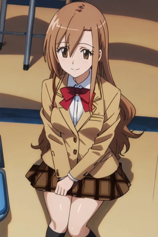 best quality, masterpiece, highres, solo, {shichijou_aria_seitokaiyakuindomo:1.15}, brown_hair, long_hair, brown_eyes, bow, smile, 1girl, blazer, jacket, school_uniform, bowtie, looking_at_viewer
