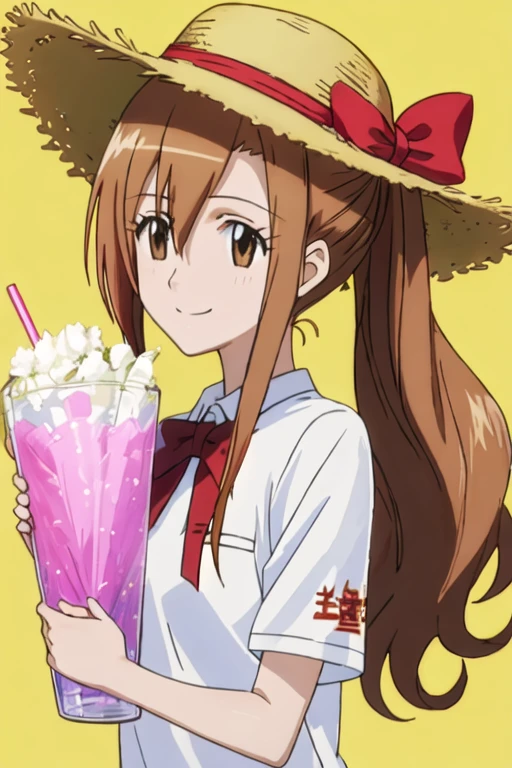 best quality, masterpiece, highres, solo, {shichijou_aria_seitokaiyakuindomo:1.15}, brown_hair, long_hair, brown_eyes, bow, smile, 1girl, hat, shirt, simple_background, white_shirt, straw_hat, upper_body, |_|, from_side, hair_between_eyes, ponytail, t-shirt, white_background, yellow_background
