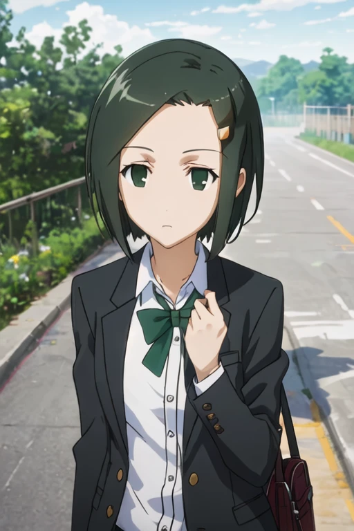 best quality, masterpiece, highres, solo, {hata_ranko_seitokaiyakuindomo:1.15}, short_hair, hair_ornament, hairclip, black_hair, green_hair, bow, 1girl, blazer, jacket, school_uniform, expressionless, black_eyes